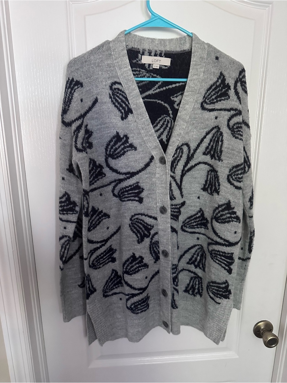 LOFT Floral Mohair Wool Blend Oversized Cardigan Sweater Medium Gray Black⁠